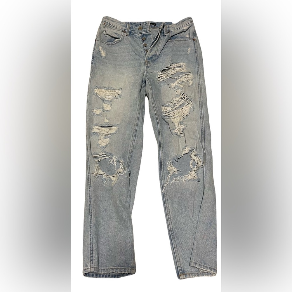 Popular and comfortable distressed Abercrombie & Fitch button fly jeans. - Picture 2 of 5